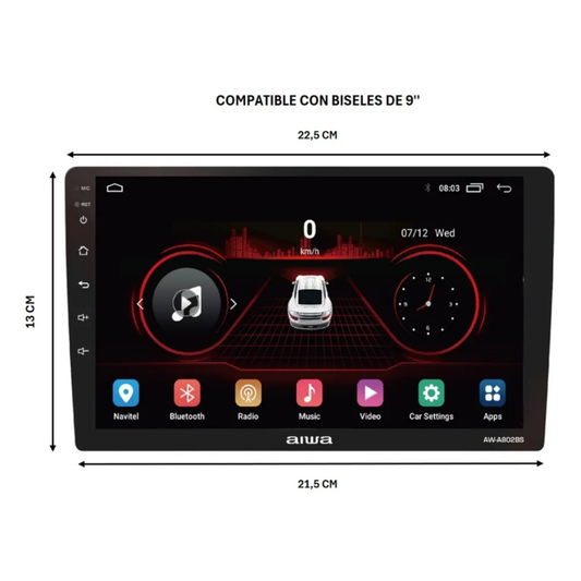 Radio Auto 2 Din Android Touch HD De 9" Aiwa Aw-a802bs Color Negro